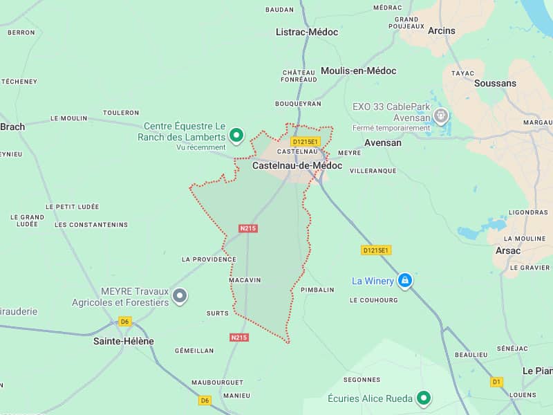Carte routière centrée sur Castelnau-de-Médoc, montrant Listrac-Médoc, Avensan (EXO 33 CablePark), Sainte-Hélène et la route D1215E1.