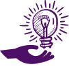 Idée et Innovation : Main tenant une Ampoule Lumineuse Main tenant une ampoule allumée, symbole de la transmission d'une idée ou de l'illumination en violet sur fond noir.
