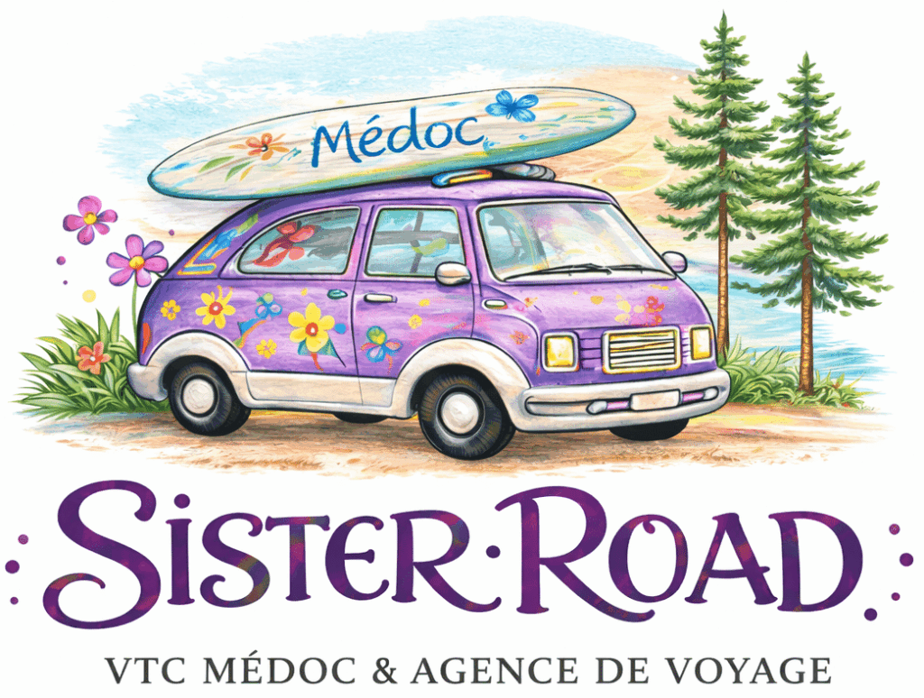 Van violet fleuri Sister Road avec surf Médoc, VTC et agence de voyage dans un décor côtier.