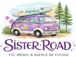 Van violet fleuri Sister Road avec surf Médoc, VTC et agence de voyage dans un décor côtier.