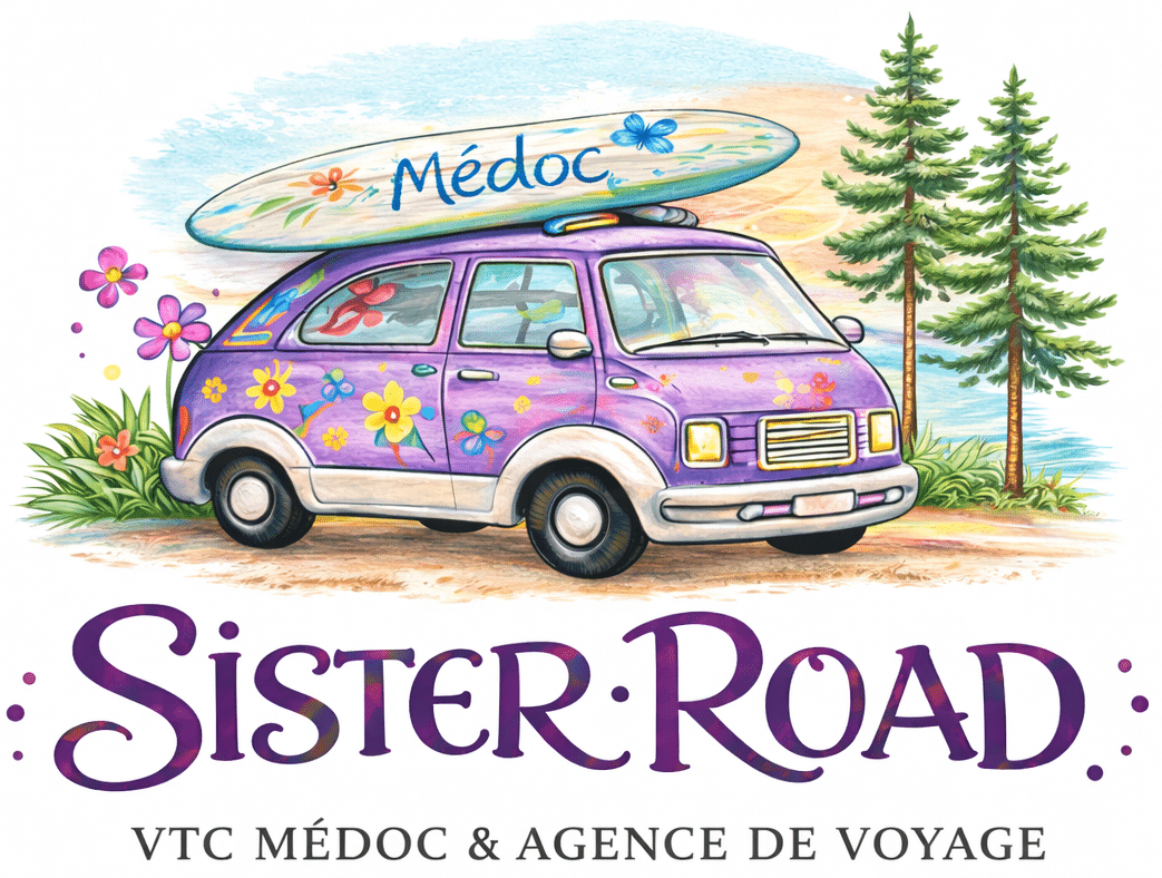 Van violet fleuri Sister Road avec surf Médoc, VTC et agence de voyage dans un décor côtier.