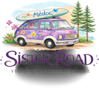 Logo Sister Road avec van violet, surf Médoc et paysage côtier. VTC Médoc et agence de voyage.