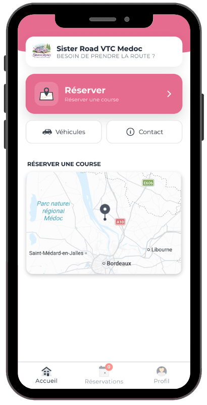 Sister Road VTC Medoc : Réservez votre trajet VTC Application Sister Road VTC Medoc, interface de réservation avec carte de Bordeaux et bouton rose Réserver.