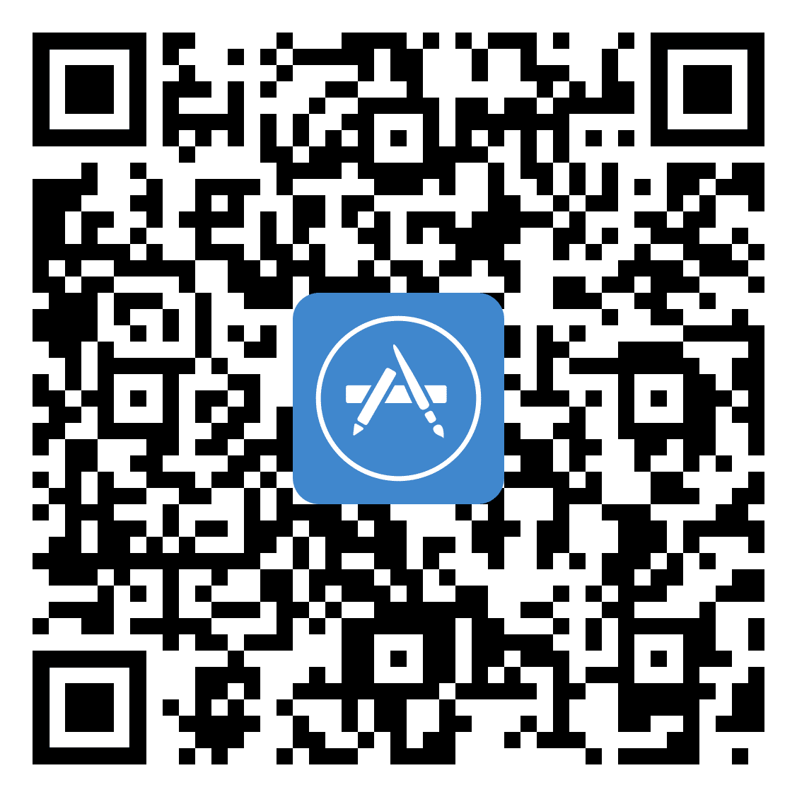 Code QR Apple App Store : Scannez pour télécharger l'app Code QR avec logo App Store bleu central pour téléchargement d'application mobile.