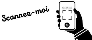 Scanner-moi : Utilisation du smartphone pour code QR Main tenant un smartphone avec texte 'Scanner-moi' et icône de scan QR code.
